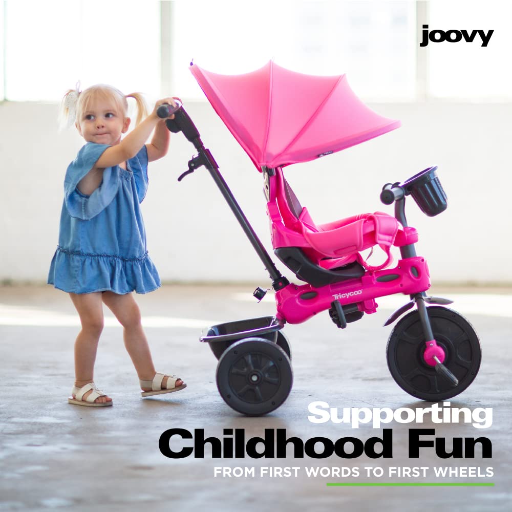 Joovy Tricycoo 4.1 Kids Tricycle with 4-Stages Featuring Extra-Wide Front Tire, Removable and Adjustable Parent Handle, Safety Harness, Machine-Washable Seat Pad, and Retractable Canopy (Pink)