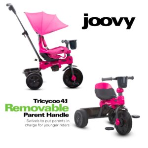 Joovy Tricycoo 4.1 Kids Tricycle with 4-Stages Featuring Extra-Wide Front Tire, Removable and Adjustable Parent Handle, Safety Harness, Machine-Washable Seat Pad, and Retractable Canopy (Pink)