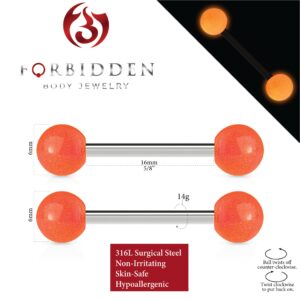 Forbidden Body Jewelry Glow In The Dark Orange Nipple & Tongue Rings Surgical Stainless Steel Barbells 14G,16mm (Sold as a Pair)