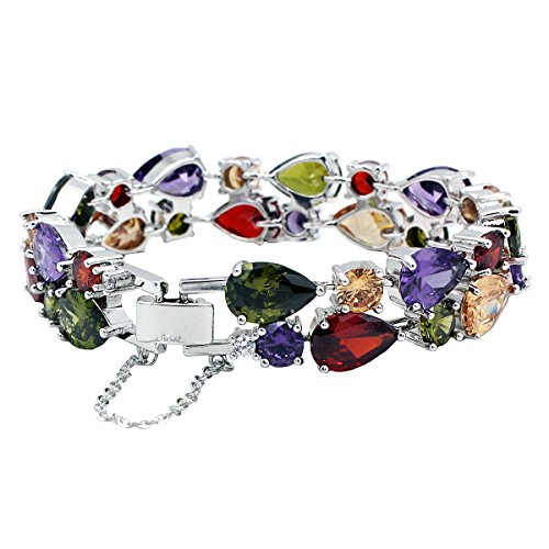 Fashion Gemstone Silver Bracelets, Silver Jewelry for Women Bracelet, Amethyst Garnet Morganite Peridot Women Jewelry Bracelets (8 inch)