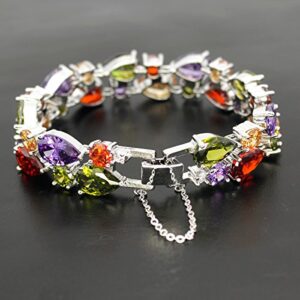 Fashion Gemstone Silver Bracelets, Silver Jewelry for Women Bracelet, Amethyst Garnet Morganite Peridot Women Jewelry Bracelets (8 inch)