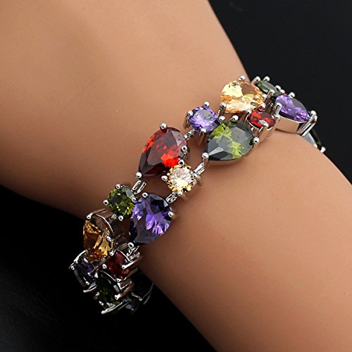 Fashion Gemstone Silver Bracelets, Silver Jewelry for Women Bracelet, Amethyst Garnet Morganite Peridot Women Jewelry Bracelets (8 inch)