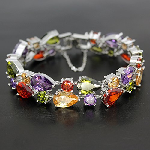 Fashion Gemstone Silver Bracelets, Silver Jewelry for Women Bracelet, Amethyst Garnet Morganite Peridot Women Jewelry Bracelets (8 inch)