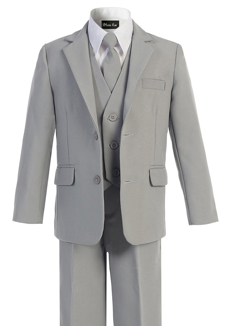 OLIVIA KOO Boys Solid 5-Piece Formal Suit Set With Matching Neck Tie Silver 5