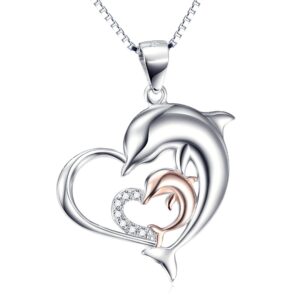 angel caller dolphin necklace gifts 925 sterling silver eternal love heart double dolphins pendant necklace jewelry for women mom mother daughter