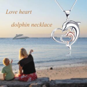 Angel caller Dolphin Necklace Gifts 925 Sterling Silver Eternal Love Heart Double Dolphins Pendant Necklace Jewelry for Women Mom Mother Daughter