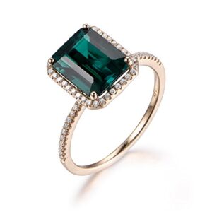 Emerald Engagement Ring,14K Yellow Gold,May Birthstone,6x8mm Emerald Cut Green Gems,Halo,Ball Prong Set