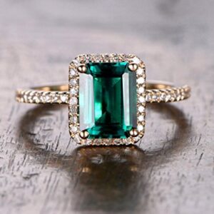 Emerald Engagement Ring,14K Yellow Gold,May Birthstone,6x8mm Emerald Cut Green Gems,Halo,Ball Prong Set