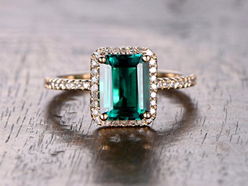 Emerald Engagement Ring,14K Yellow Gold,May Birthstone,6x8mm Emerald Cut Green Gems,Halo,Ball Prong Set