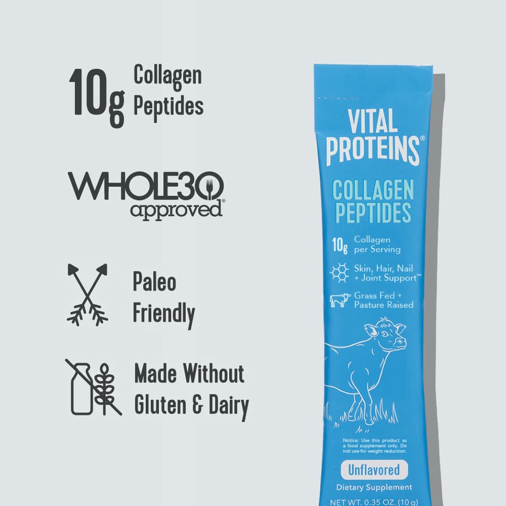 Vital Proteins Collagen Peptides Powder Supplement (Type I, III) Travel Packs, Hydrolyzed Collagen for Skin Hair Nail Joint - Dairy & Gluten Free - 10g per Serving - Unflavored (20ct per Box)