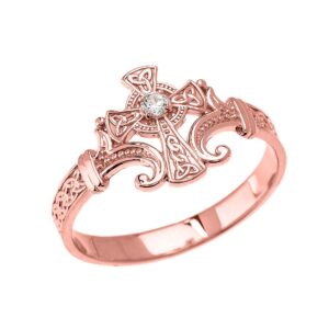 religious jewelry 14k rose gold solitaire diamond celtic cross with trinity knot design elegant ring(size 6)