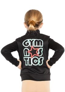 stretch is comfort girl's gymnastics black jacket pink star mint letters medium