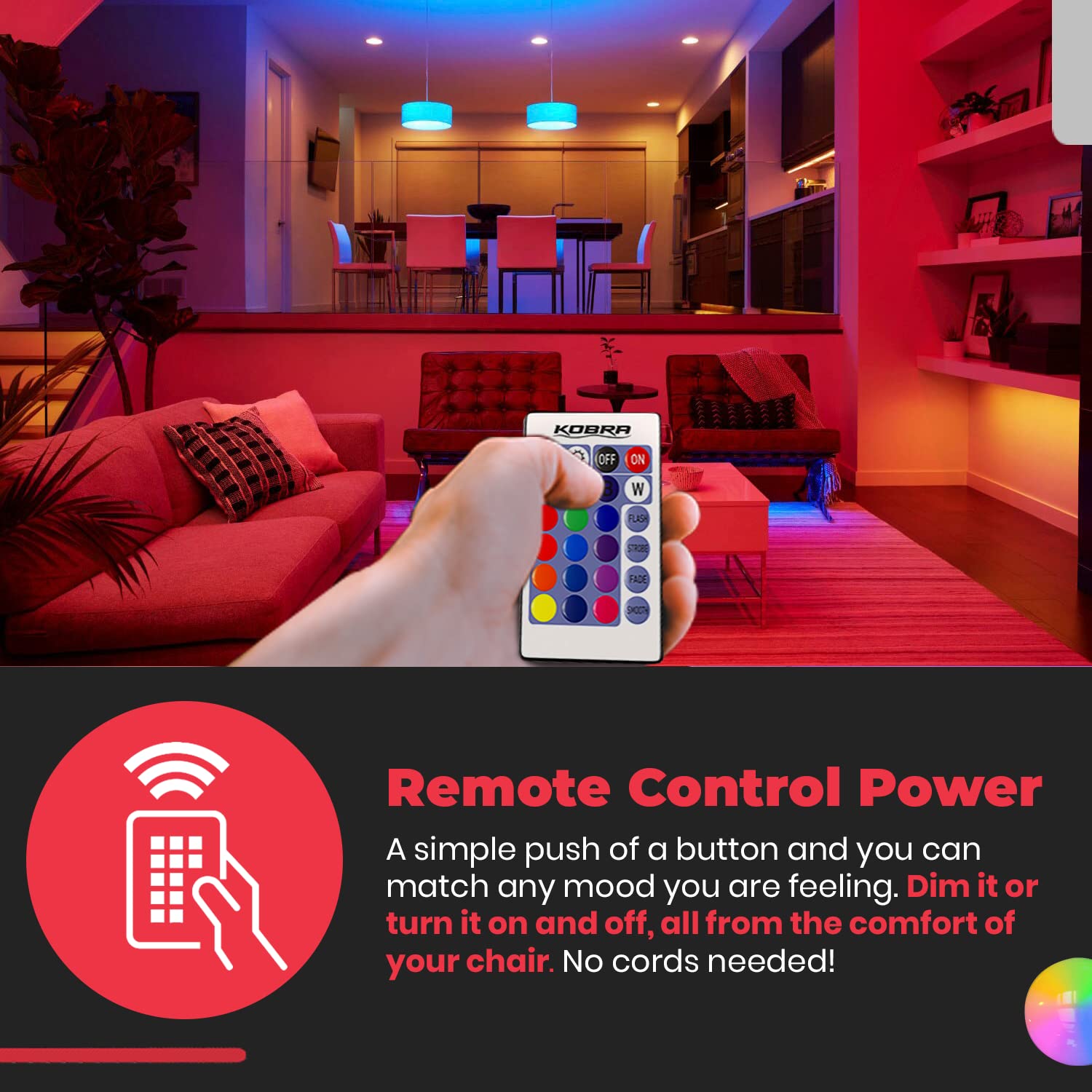 KOBRA LED Color Changing Light Bulb with Remote Control - 16 Different Color Choices Smooth, Fade, Flash or Strobe Mode - Smart Remote Lightbulb - RGB & Multi Colored