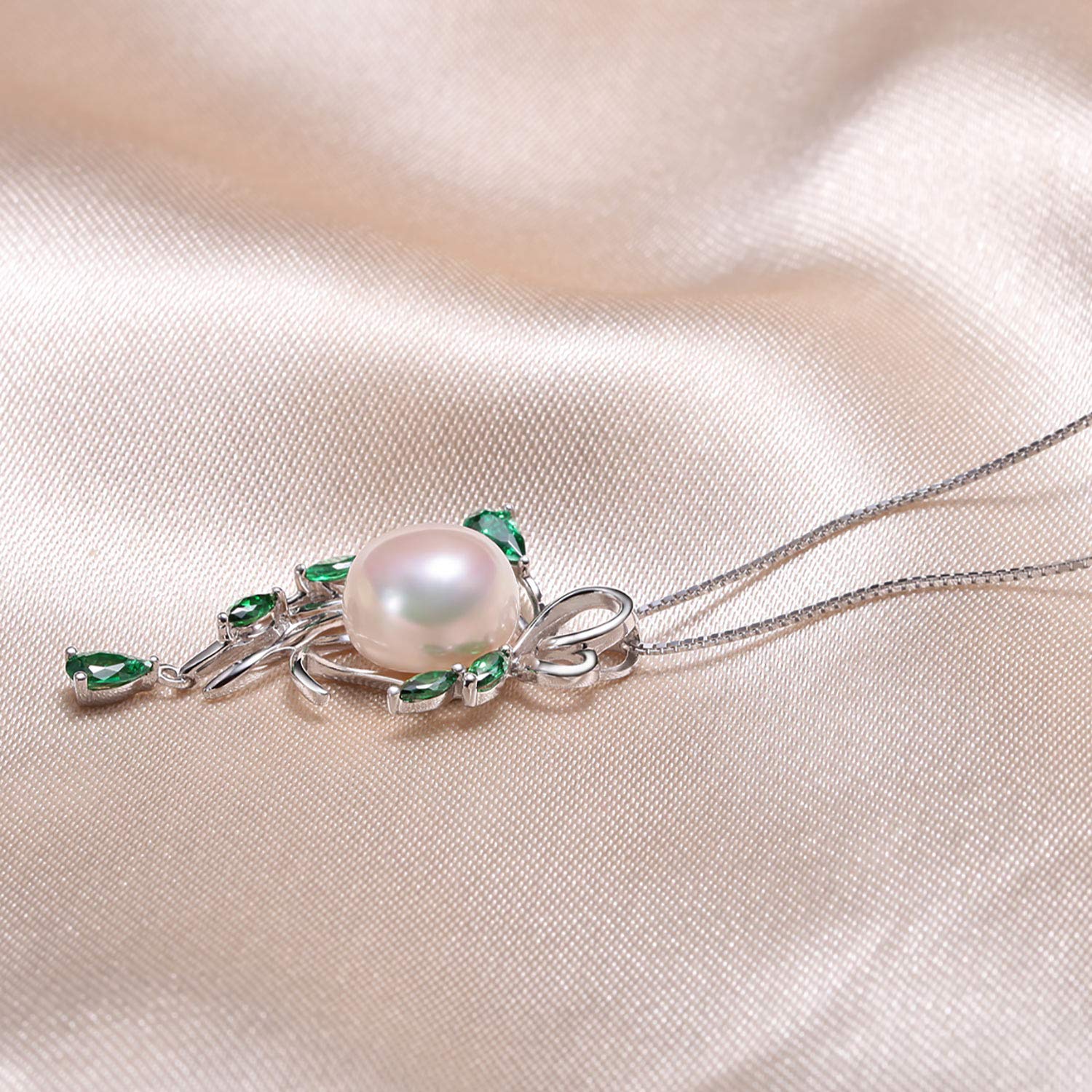 HXZZ Fine Jewelry Gifts for Women 925 Sterling Silver Freshwater Cultured White Pearl Pendant Necklace Green Hope