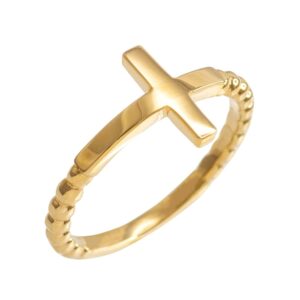 14k Yellow Gold Beaded Band Sideways Cross Ring (Size 10)