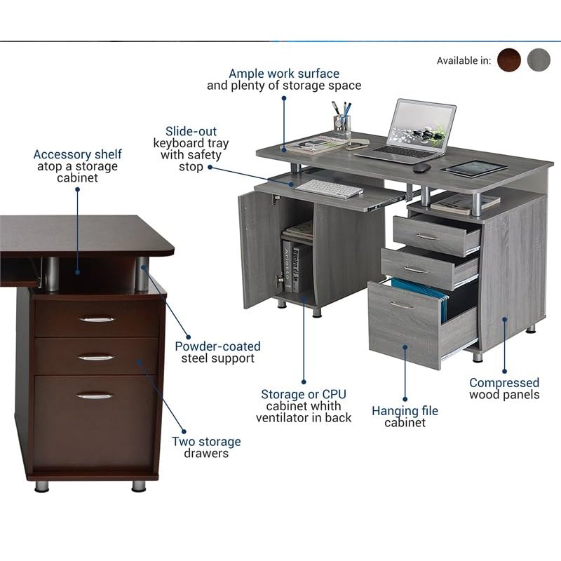 Pemberly Row 48" Wide Home Office Computer Desk in Gray with CPU Storage Cabinet and Hanging File Cabinet, Brown