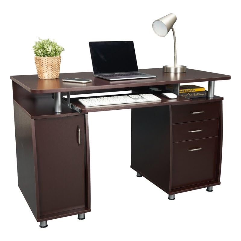 Pemberly Row 48" Wide Home Office Computer Desk in Gray with CPU Storage Cabinet and Hanging File Cabinet, Brown