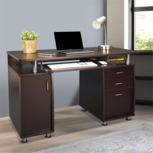 Pemberly Row 48" Wide Home Office Computer Desk in Gray with CPU Storage Cabinet and Hanging File Cabinet, Brown