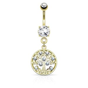 Dynamique Tree Of Life with CZ Dangle On Round CZ Surgical Steel Belly Button Ring (Sold Per Piece)