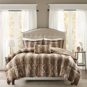 Madison Park Zuri Soft Plush Comforter Set, Faux Fur Animal Stripes Design, Faux Mink On The Reverse, Modern All Season Bedding Set with Matching Sham, King, Tan 4 Piece