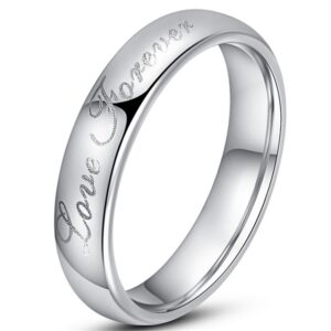 Fashion Month Womens 4mm Vintage Tungsten Carbide White Ring Engraved Love Forever Silver Dome Band for Her Size 6.5