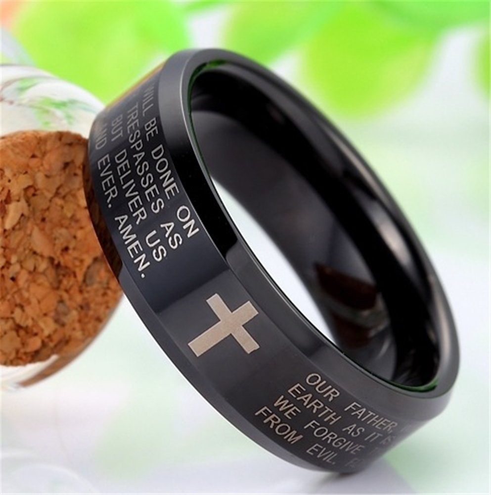 Fashion Month Womens 6mm Tungsten Carbide Black Ring Engraved English Bible Lords Prayer Cross Band Ring for Her