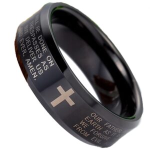 Fashion Month Womens 6mm Tungsten Carbide Black Ring Engraved English Bible Lords Prayer Cross Band Ring for Her