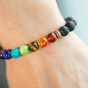 7 Chakra Healing Bracelet with Real Stones, Volcanic Lava, Mala Meditation - Men and Women Religious Jewelry - Wrap, Stretch, Charm Bracelets - Protection, Energy, Healing 7.25 in