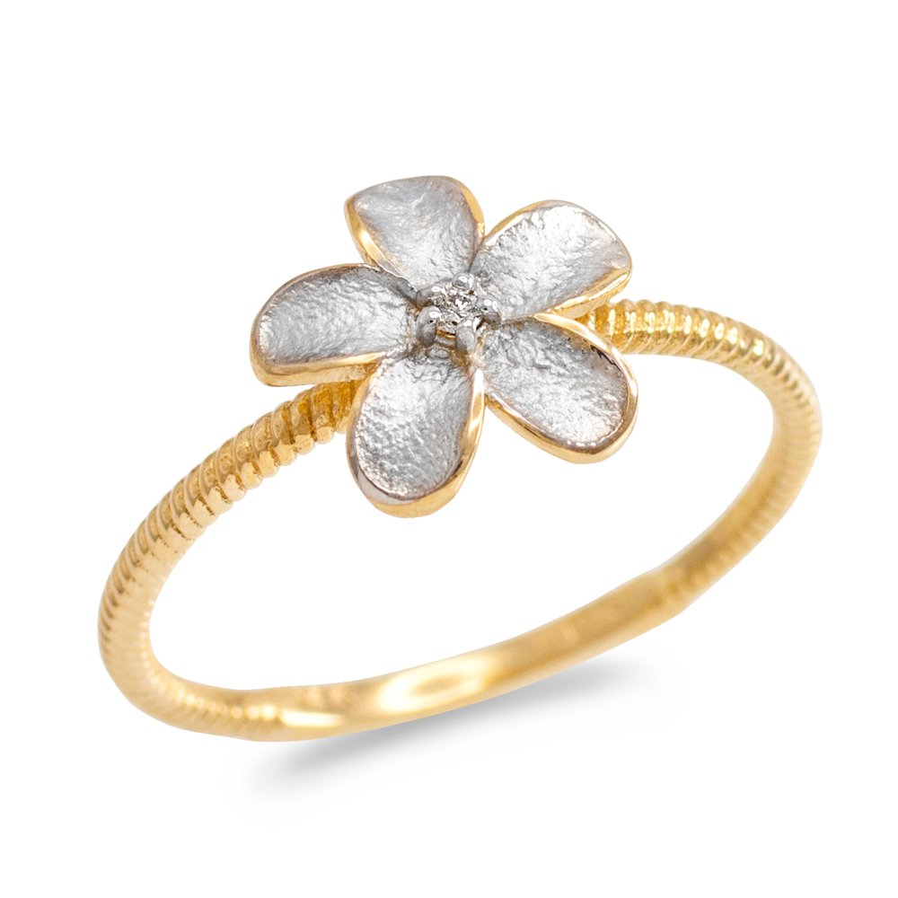 10k Two-Tone Gold Solitaire Diamond Rope Band Hawaiian Plumeria Flower Ring (Size 5)