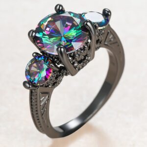 Black Engagement Rings for Women, 14K Black Gold Goth Rings 3 Stone Rings, Mystic Topaz Tourmaline Wedding Rings for Women Size 5 6 7 8 9 10