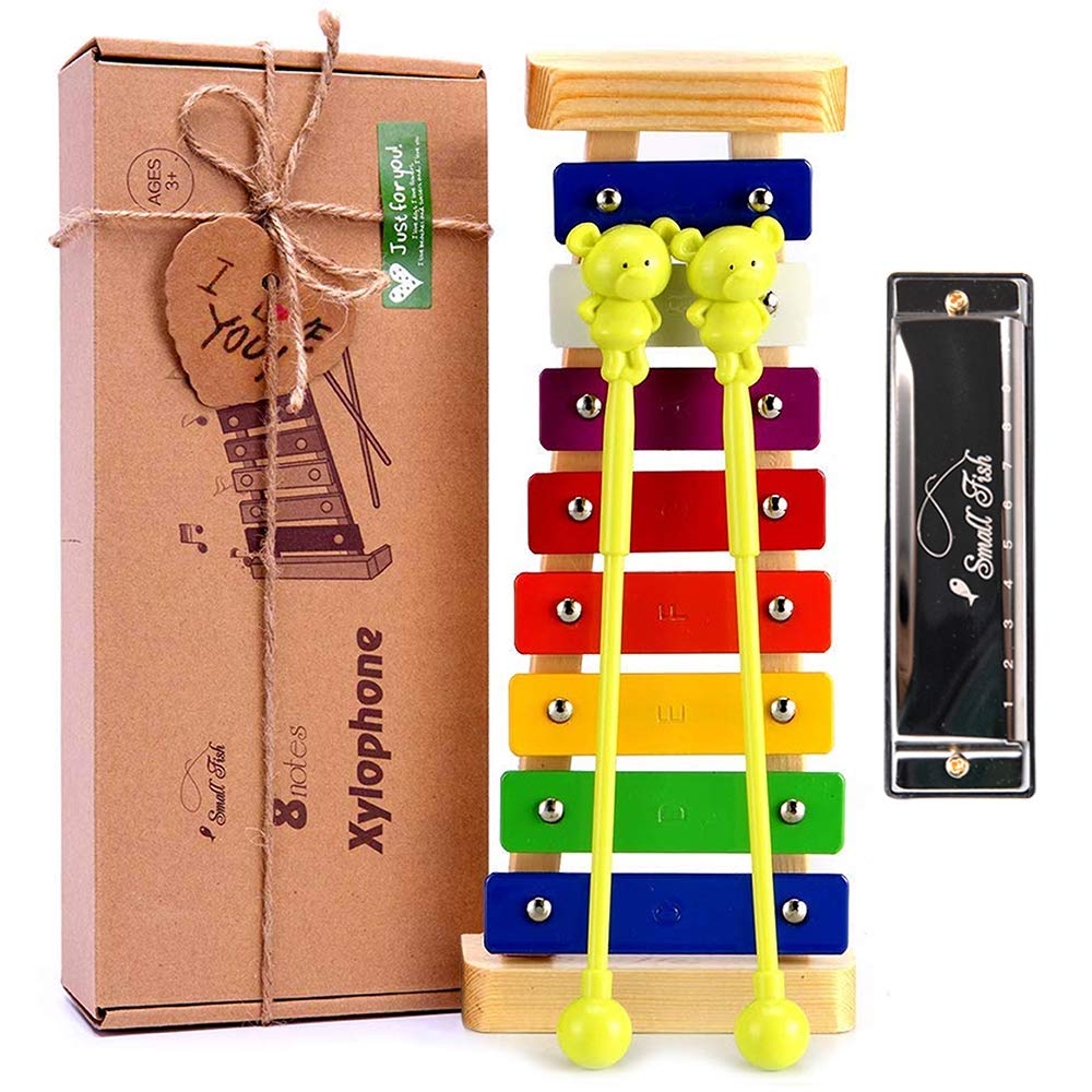 Xylophone Musical Toys for Baby Toddlers Kids with Harmonica, Wooden Musical Instruments Set with Mallets and Music Cards, Great Birthday Gifts for Preschool Kids Boys Girls