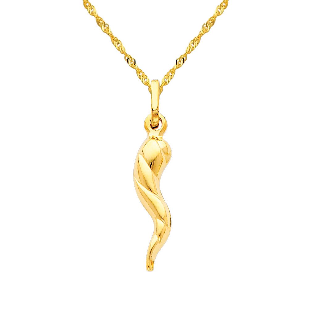 The World Jewelry Center 14k REAL Yellow Gold Twisted Cornicello Italian Horn Pendant with 1.2mm Singapore Chain Necklace - 24"