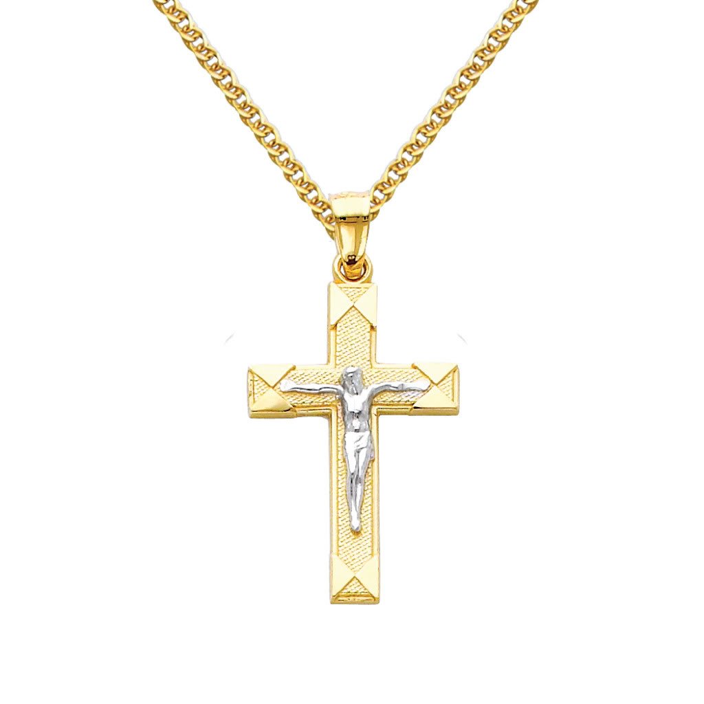 The World Jewelry Center 14k REAL Two Tone Gold Jesus Cross Religious Pendant with 1.5mm Flat Open Wheat Chain Necklace - 24"