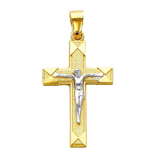 The World Jewelry Center 14k REAL Two Tone Gold Jesus Cross Religious Pendant with 1.5mm Flat Open Wheat Chain Necklace - 24"