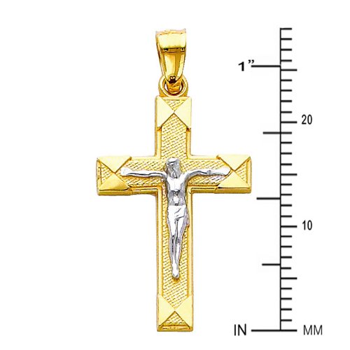 The World Jewelry Center 14k REAL Two Tone Gold Jesus Cross Religious Pendant with 1.5mm Flat Open Wheat Chain Necklace - 24"