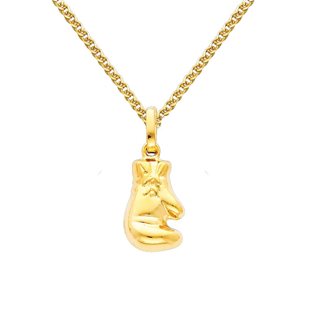 The World Jewelry Center 14k REAL Yellow Gold Boxing Glove Pendant with 1.5mm Flat Open Wheat Chain Necklace - 24"