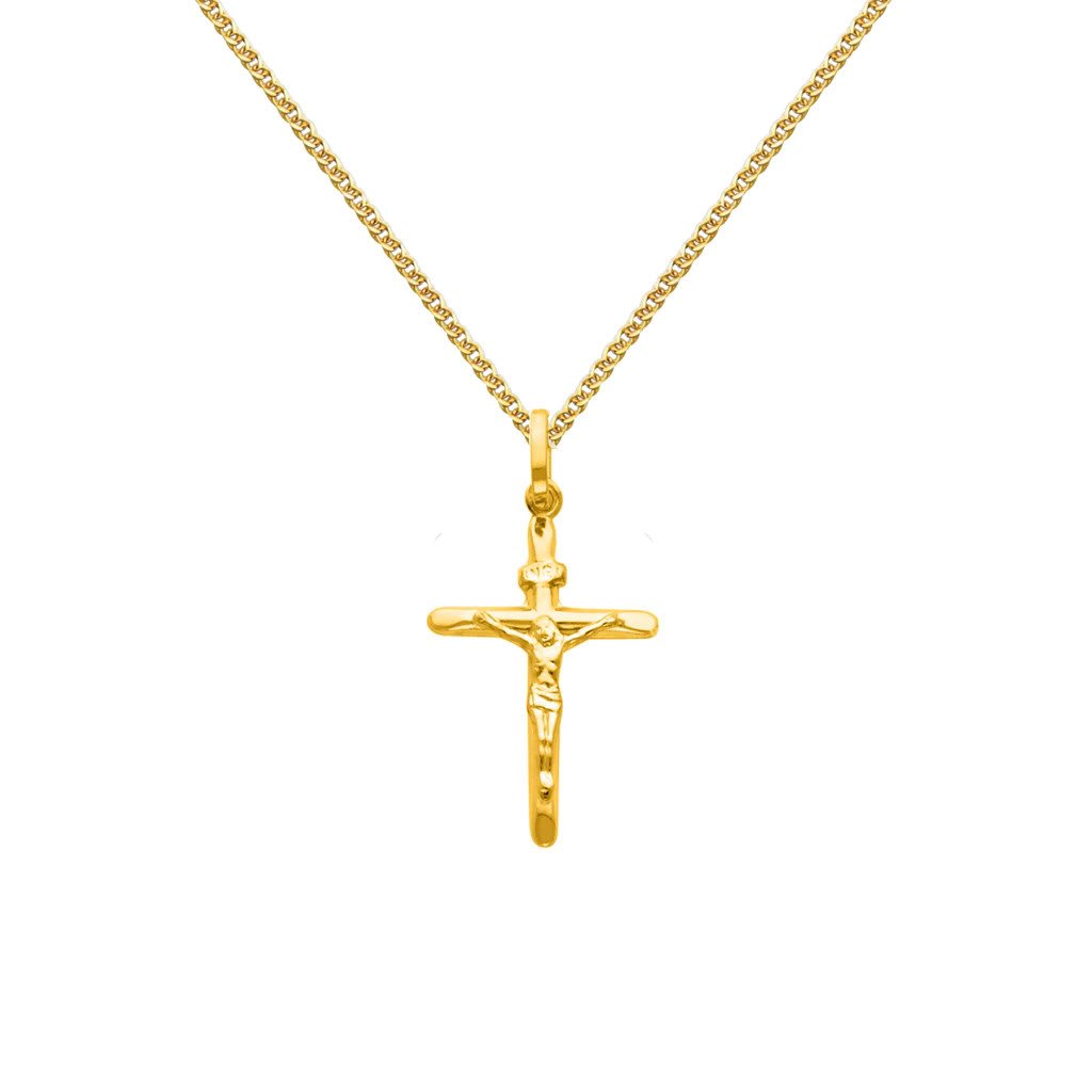 The World Jewelry Center 14k REAL Yellow Gold Crucifix Cross Pendant with 1.5mm Flat Open Wheat Chain Necklace - 24"