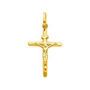 The World Jewelry Center 14k REAL Yellow Gold Crucifix Cross Pendant with 1.5mm Flat Open Wheat Chain Necklace - 24"