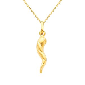 The World Jewelry Center 14k REAL Yellow Gold Twisted Cornicello Italian Horn Pendant with 0.9mm Cable Chain Necklace - 22"