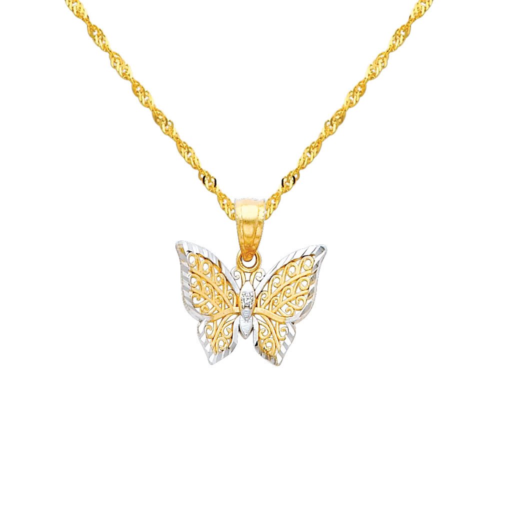 14k REAL Two Tone Gold Butterfly Pendant with 1.2mm Singapore Chain Necklace - 24"