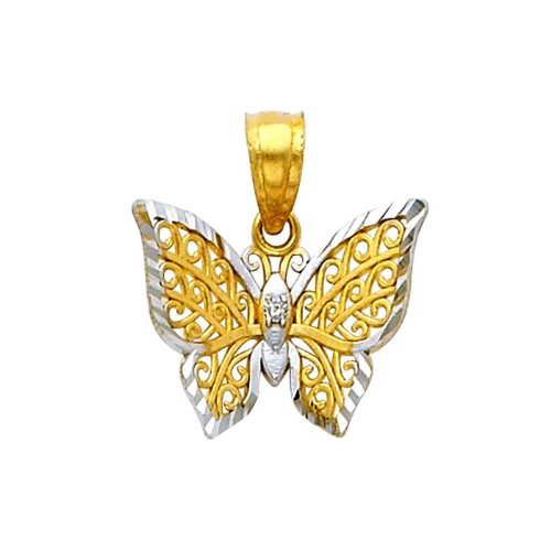 14k REAL Two Tone Gold Butterfly Pendant with 1.2mm Singapore Chain Necklace - 24"