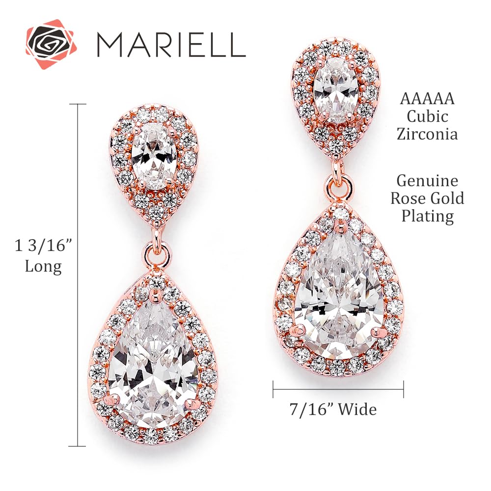 Mariell Rose Gold Cubic Zirconia Crystal Teardrop Dangle Bridal and Wedding Earrings, CZ Jewelry for Brides, Bridesmaids, Homecoming, Prom and Dressy Everyday Wear