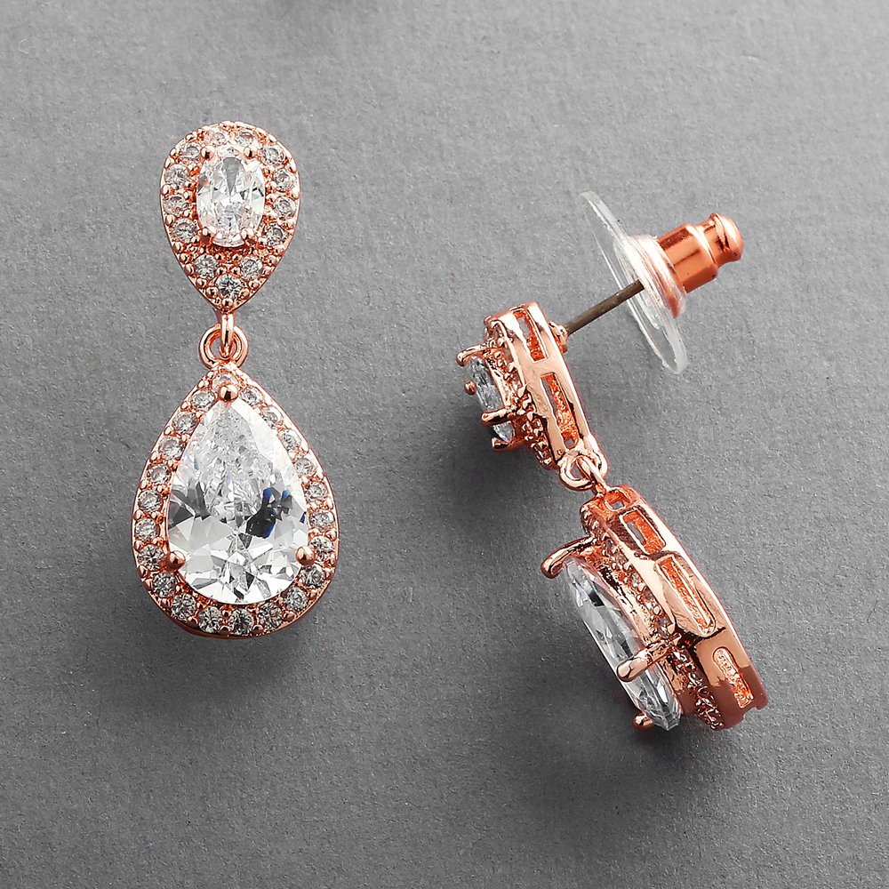 Mariell Rose Gold Cubic Zirconia Crystal Teardrop Dangle Bridal and Wedding Earrings, CZ Jewelry for Brides, Bridesmaids, Homecoming, Prom and Dressy Everyday Wear