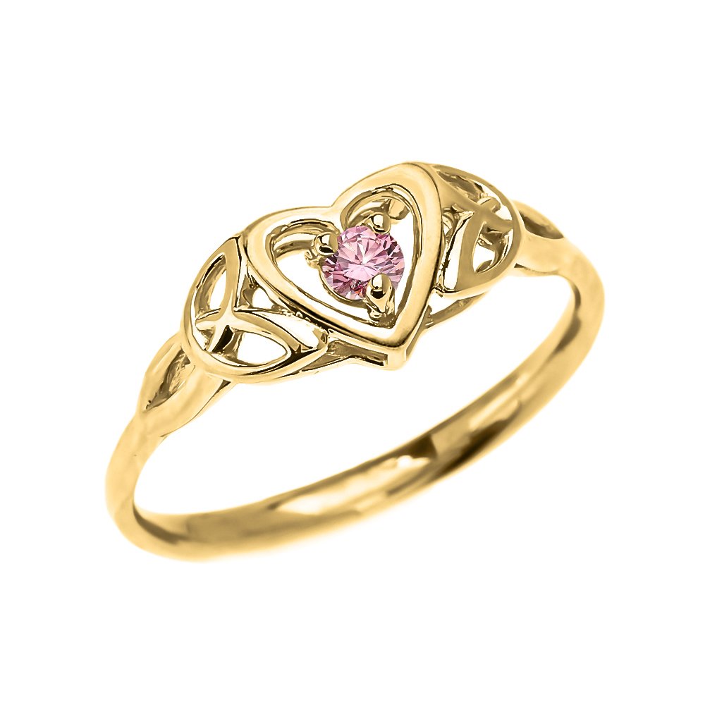 Modern Contemporary Rings Dainty 10k Yellow Gold Trinity Knot Heart Solitaire Pink CZ Engagement and Proposal Ring (Size 6)