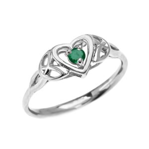 modern contemporary rings dainty 14k white gold trinity knot heart solitaire emerald engagement and proposal ring (size 7)