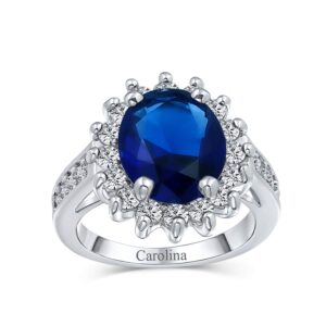 Bling Jewelry Personalize Classic Traditional 5CTW Royal Blue CZ Crown Halo Oval Cubic Zirconia Simulated Sapphire Engagement for Women Side Stones Promise Ring Silver Plated Customizable