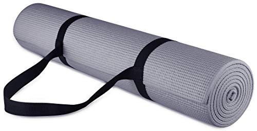 Signature Fitness All-Purpose 1/4-Inch High Density Anti-Tear Exercise Yoga Mat with Carrying Strap , Gray