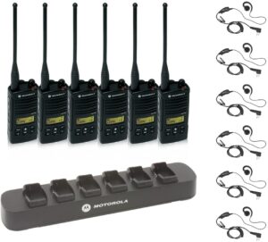 6 pack of motorola rdu4160d radios with 6 push to talk (ptt) earpieces and a 6-bank radio charger