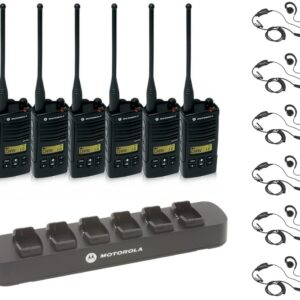 6 Pack of Motorola RDU4160d Radios with 6 Push to Talk (PTT) earpieces and a 6-Bank Radio Charger