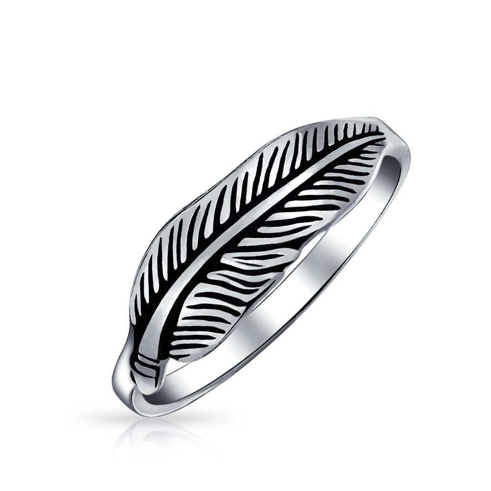 South Western Nature Wrap Boho Feather Leaf Band Ring Western Jewelry For Women Teen Oxidized .925 Sterling Silver Customizable